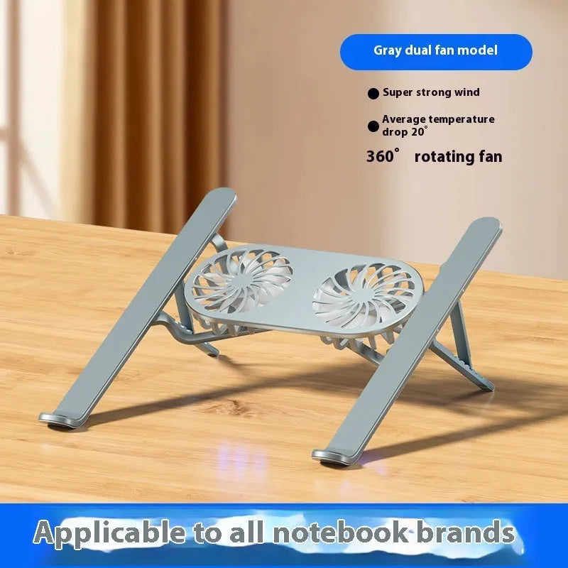 Silver aluminium laptop cooling stand with twin fans and height adjustment, shown folded.