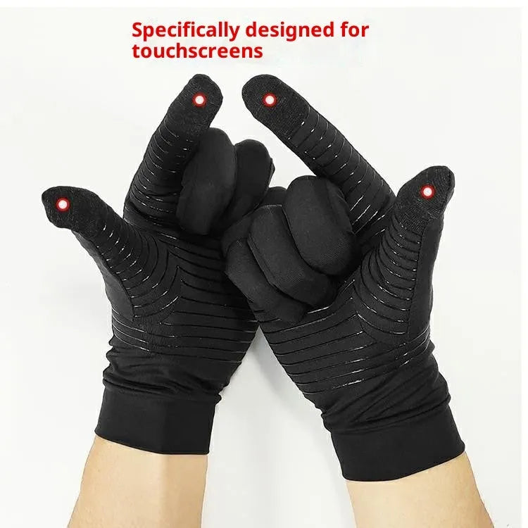 Copper fibre full finger touch screen gloves in Black with non-slip surface, knitted fabric construction