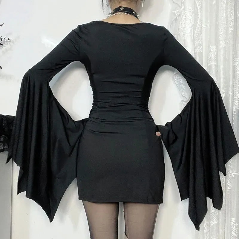 Black geometric A-line short dress with V-neck and long sleeves for women