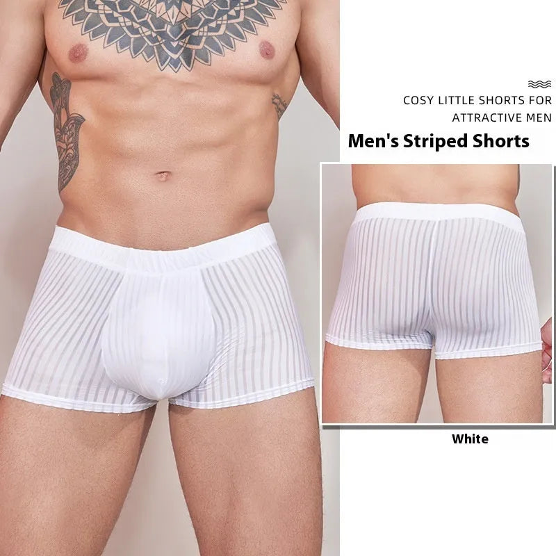 Men's striped transparent nylon underwear in black, white, and dark grey colours