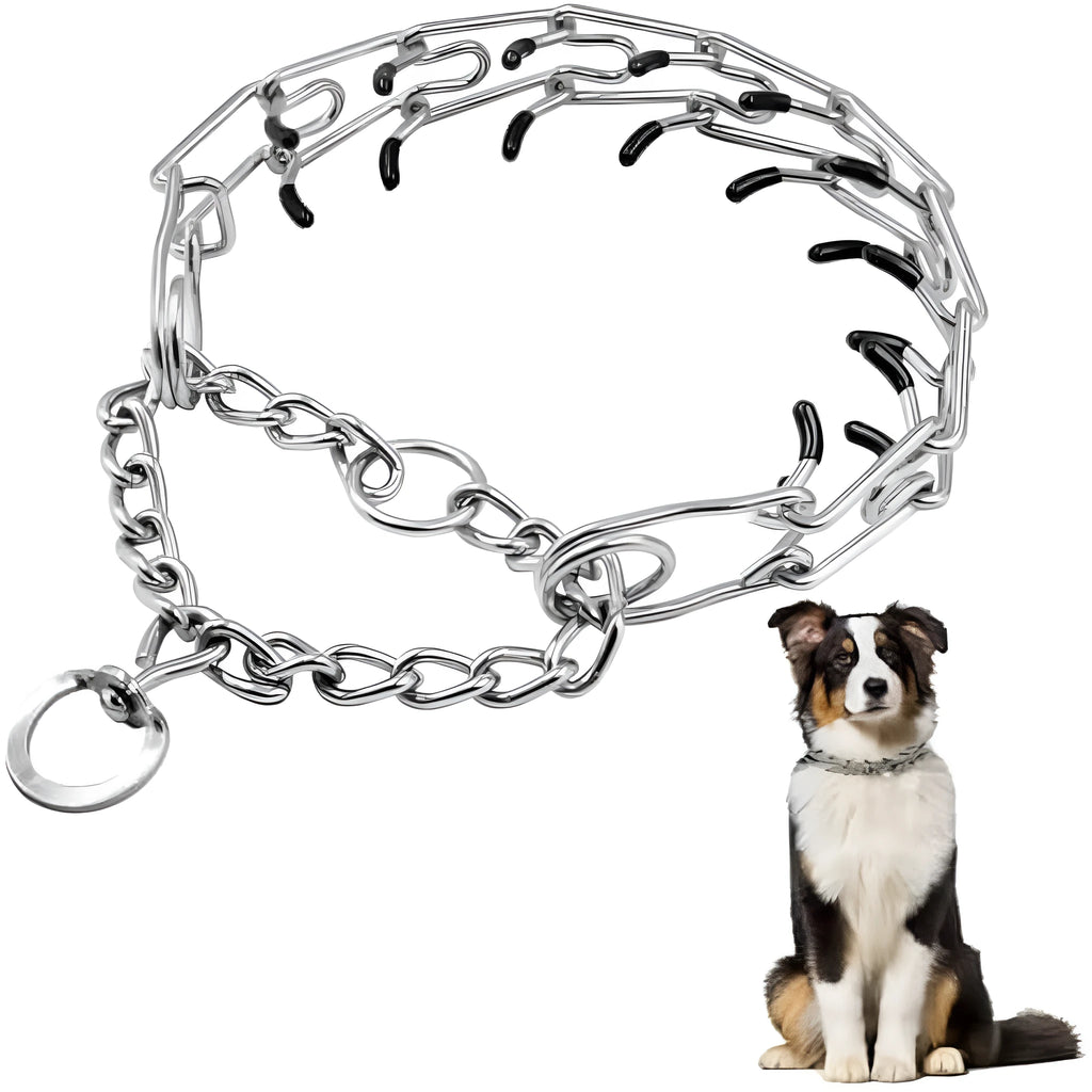 Stainless steel dog training prong collar with adjustable chain links and rubber comfort tips