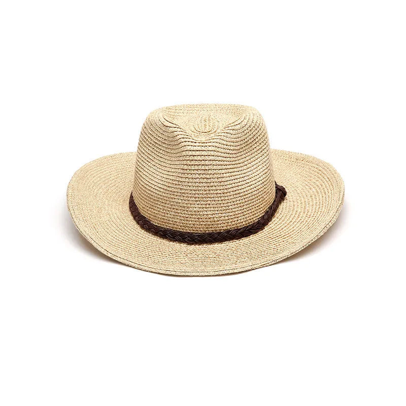 Men's foldable straw sun hat with big brim in beige colour showing folded and unfolded states