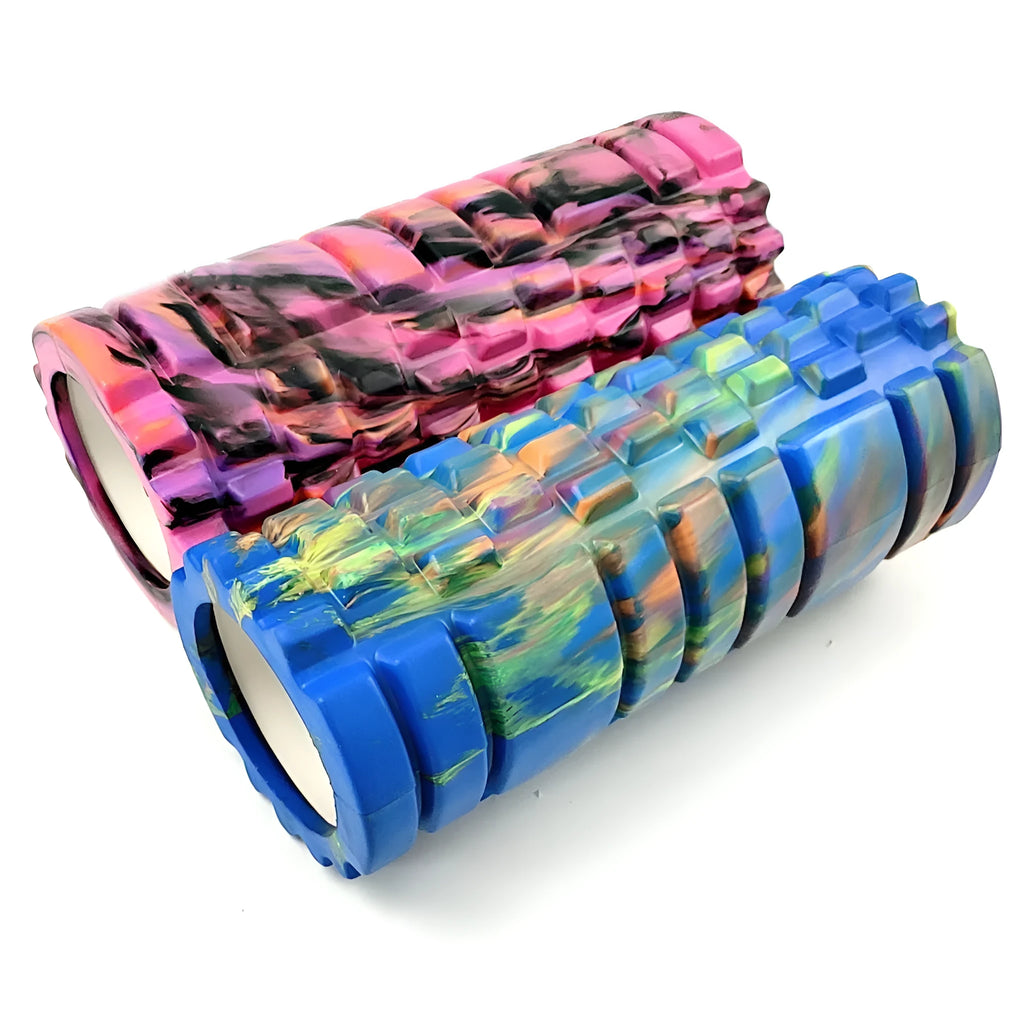 33cm camouflage pattern EVA foam roller in blue green yellow colour shown on exercise mat