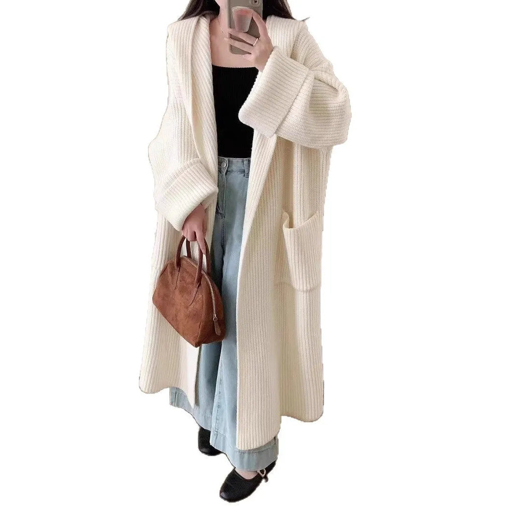 Women's loose hooded cardigan coat in acrylic fibre with extended length and raglan sleeves