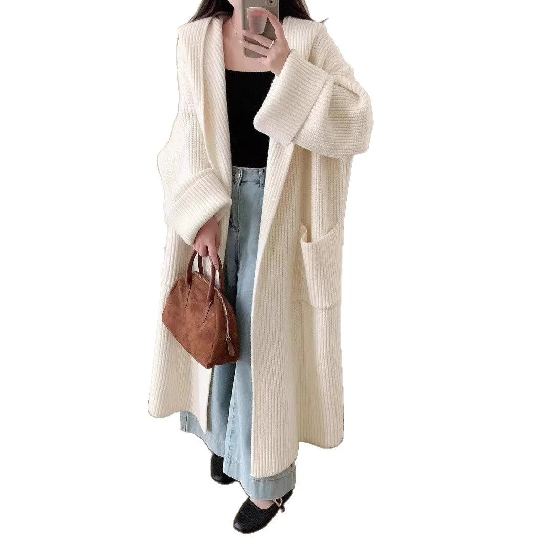 Women's loose hooded cardigan coat in acrylic fibre with extended length and raglan sleeves