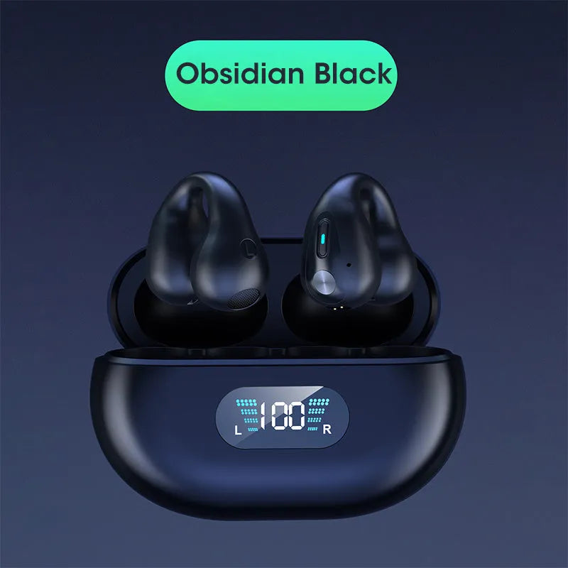 Black bone conduction Bluetooth headset clip worn on ear, showing ear clip design and bilateral speakers.