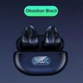 Black bone conduction Bluetooth headset clip worn on ear, showing ear clip design and bilateral speakers.