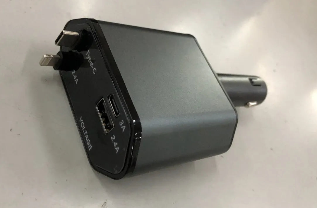 Automatic retractable car charger with cable extended, plugged into a 12V socket
