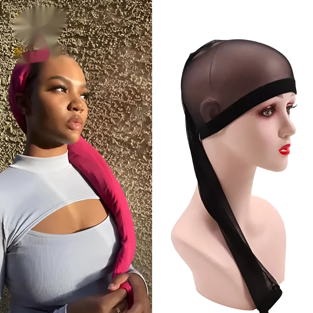 Breathable spandex mesh wig cap in seven colours showing oversleeve design