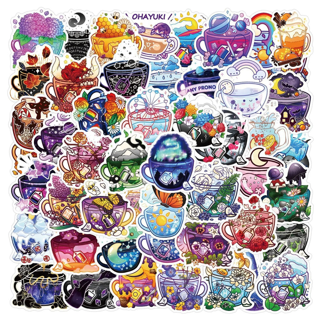 Colourful tea cup graffiti waterproof stickers in Nordic style, 50-piece pack for sports equipment and luggage