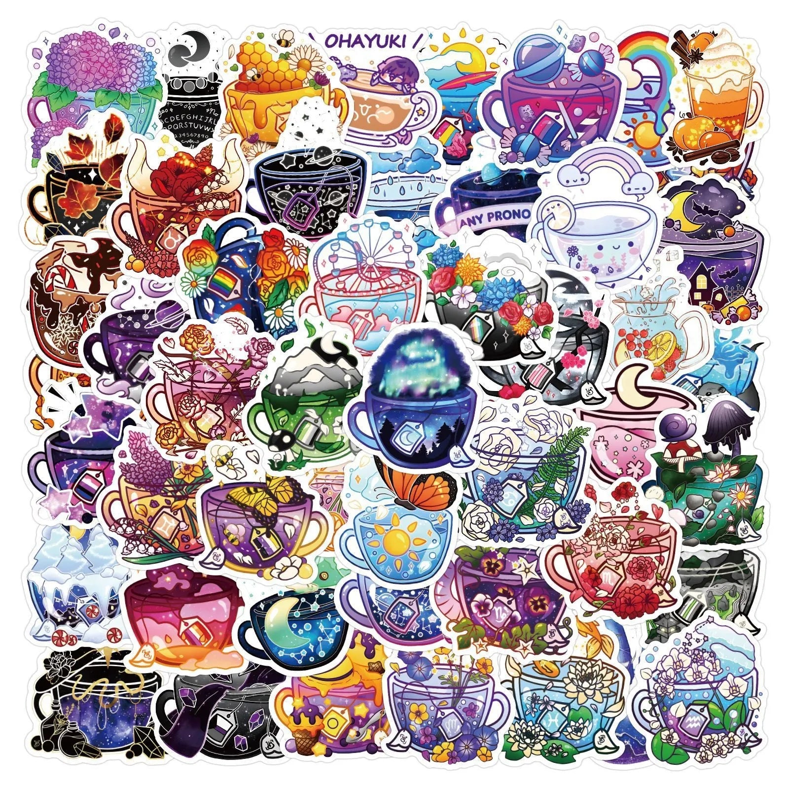 Colourful tea cup graffiti waterproof stickers in Nordic style, 50-piece pack for sports equipment and luggage