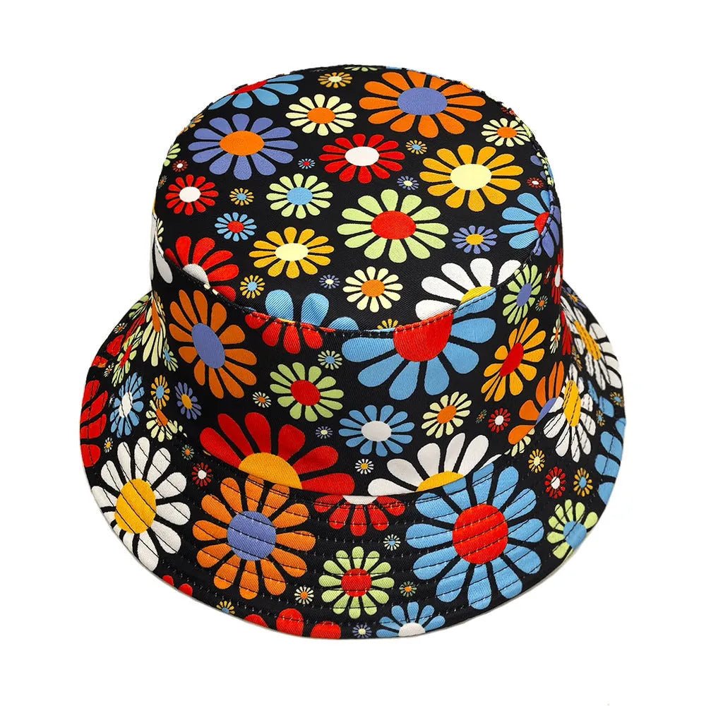 Floral pattern dome crown bucket sun hat in polyester fabric
