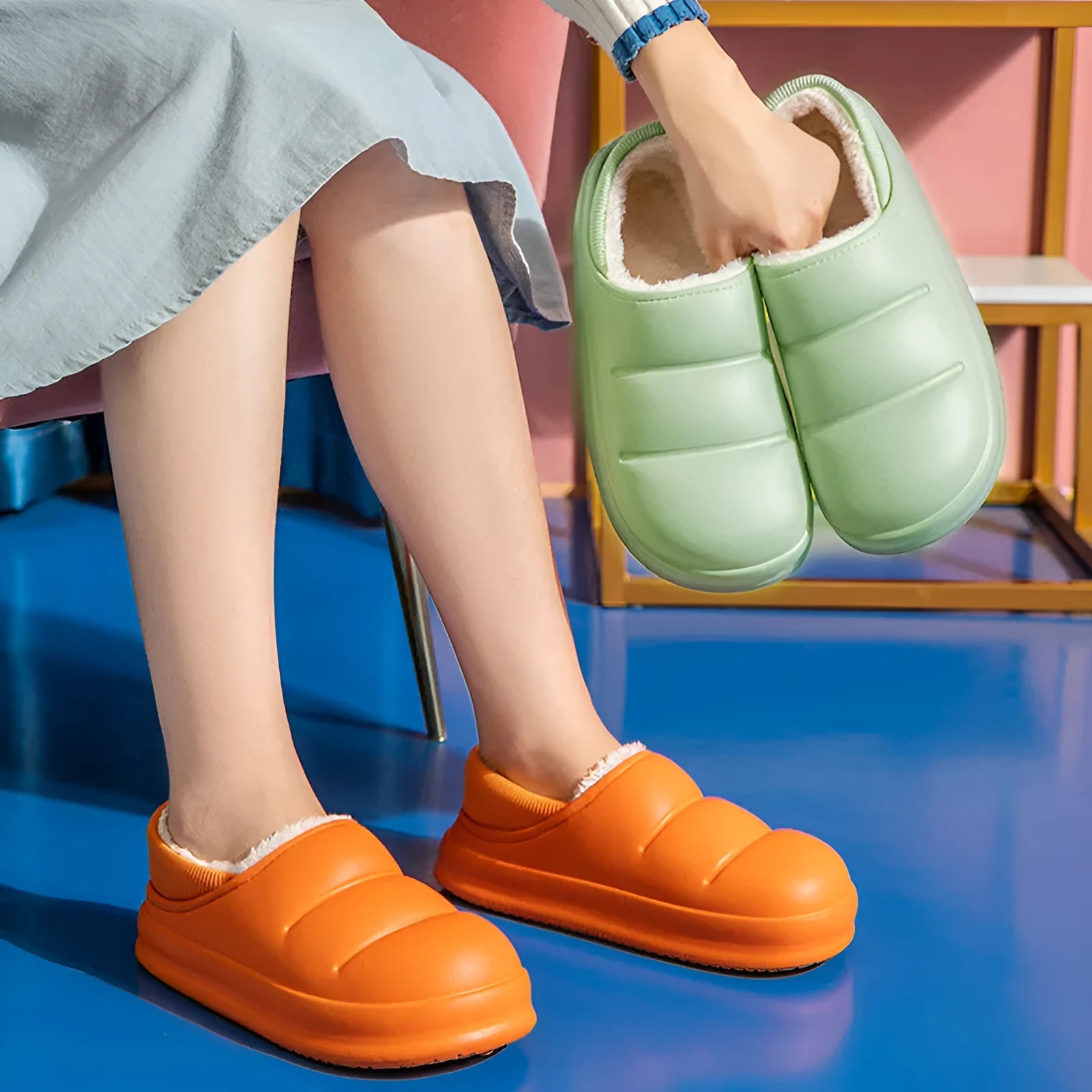 Waterproof EVA garden slippers with non-slip sole and plush lining in various colours