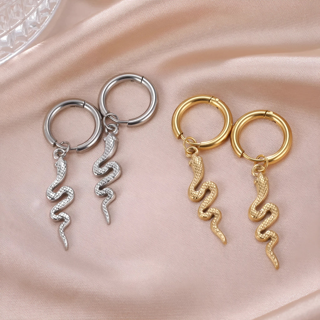 Gold plated stainless steel snake-shaped vintage clip-on earrings with Zodiac animal modelling