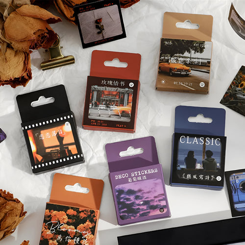Box of square Nordic style decorative stickers showing six colour themes like Rose Love Letter and Grape Wine.