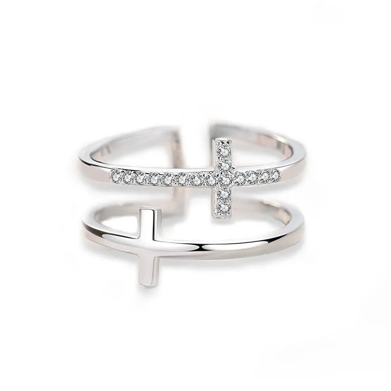 Adjustable copper open ring with zircon stones set in sterling silver inlay, white gold electroplated finish