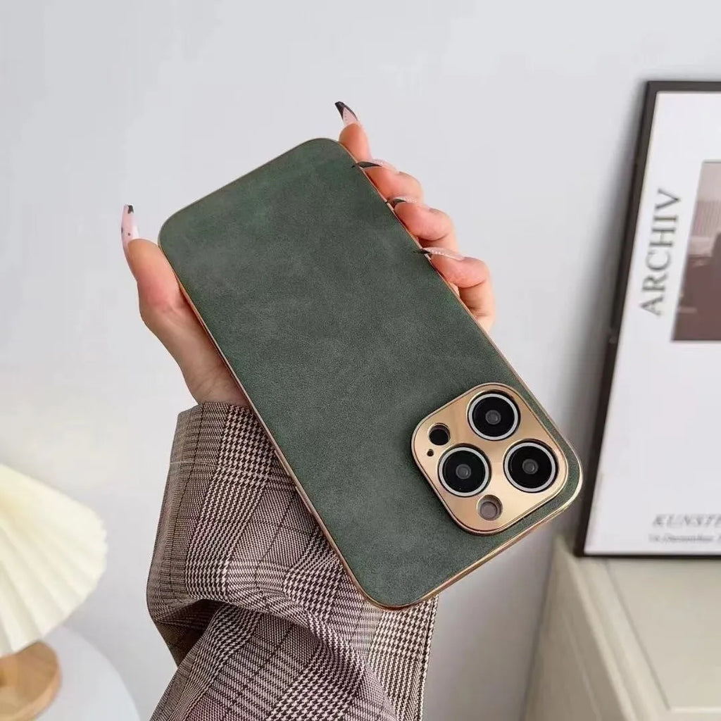 Leather texture TPU phone case for iPhone in solid black, blue, grey, and grey-green colours.