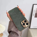 Leather texture TPU phone case for iPhone in solid black, blue, grey, and grey-green colours.