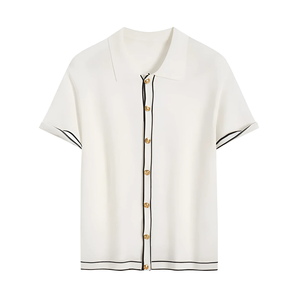 White short sleeve cardigan with contrasting colour lapels laid flat.