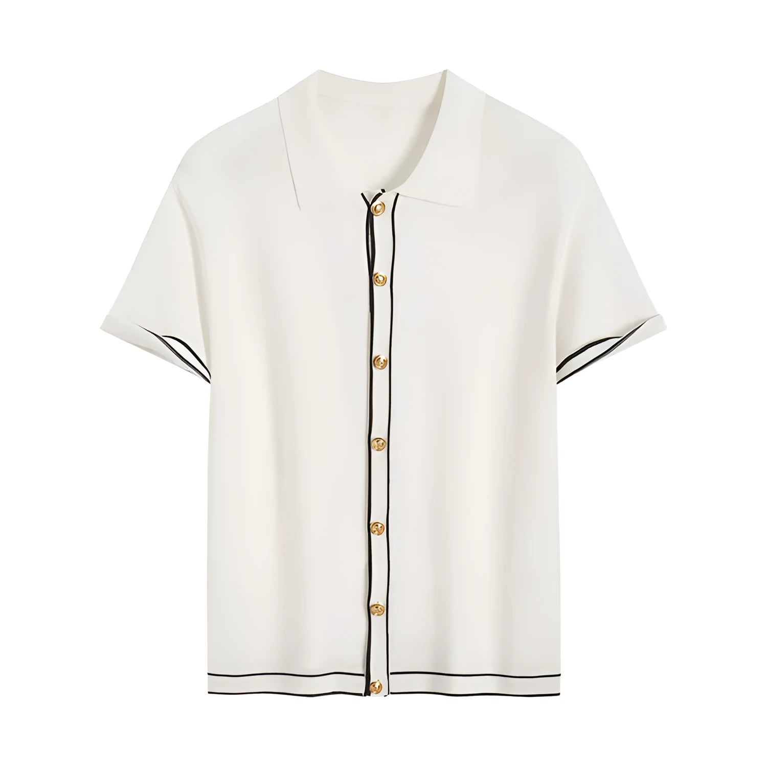 White short sleeve cardigan with contrasting colour lapels laid flat.
