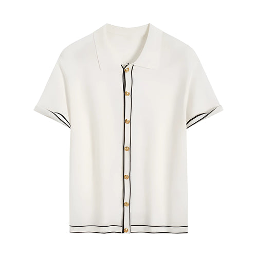 White short sleeve cardigan with contrasting colour lapels laid flat.