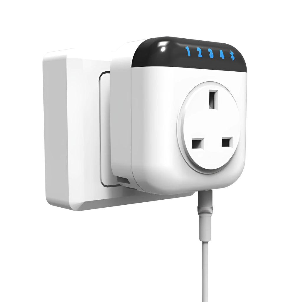 White Tuya wifi smart plug with temperature sensor probe and US 3-prong outlet.