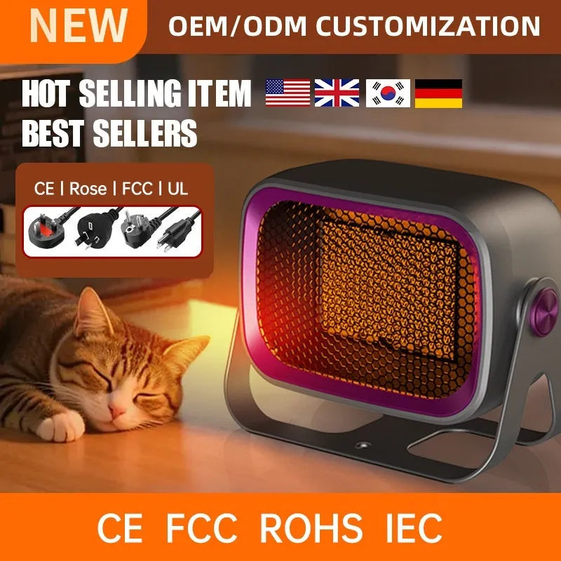 Compact white PTC ceramic desktop heater with rotatable body on a wooden desk.