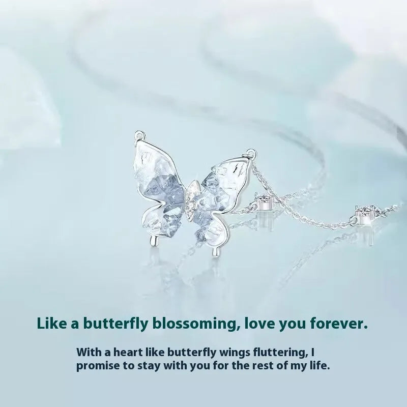 Silver butterfly necklace with adjustable O-ring chain showing ice rain butterfly pendant on S925 silver