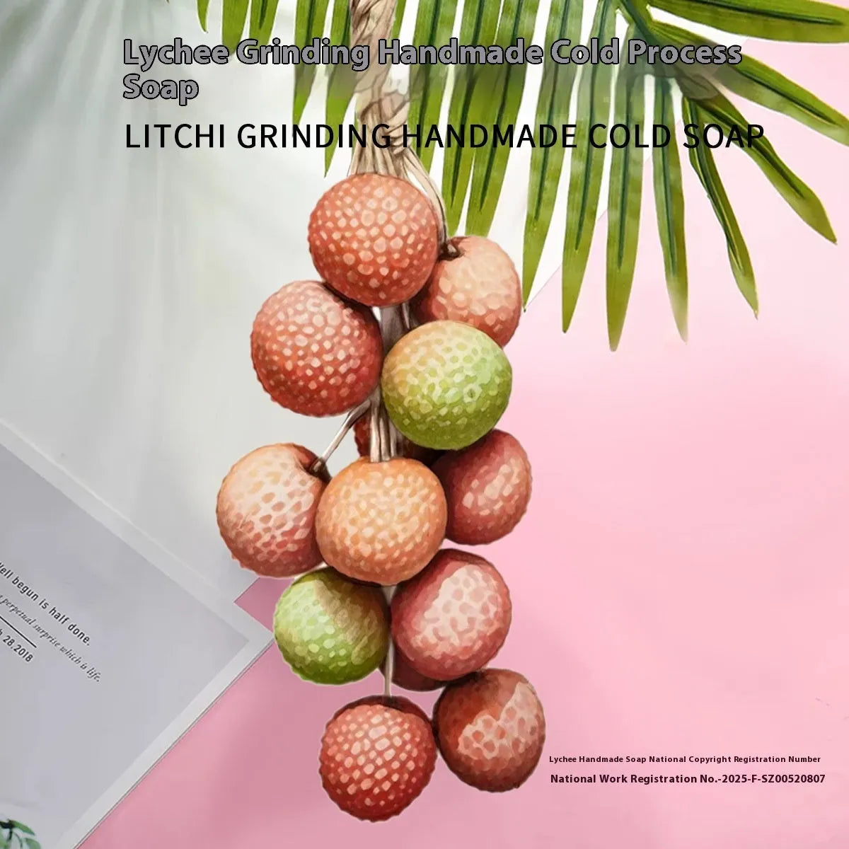 Grape handmade soap bars in black, green, purple and litchi variants showing mesh bag, gift box and long case packaging.