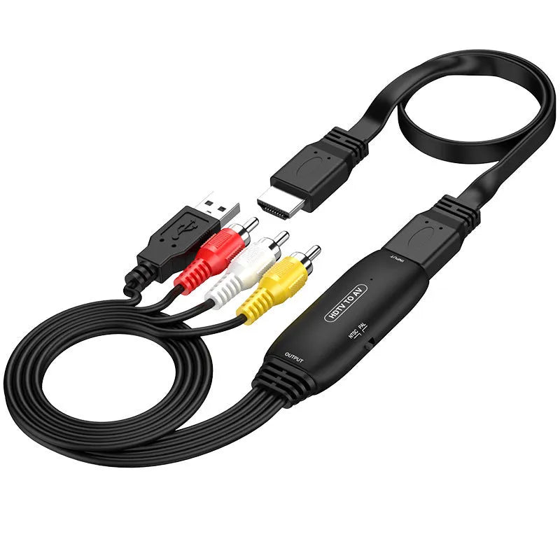 HDMI to AV converter cable with 110cm length showing both RCA and 2-terminal connector options