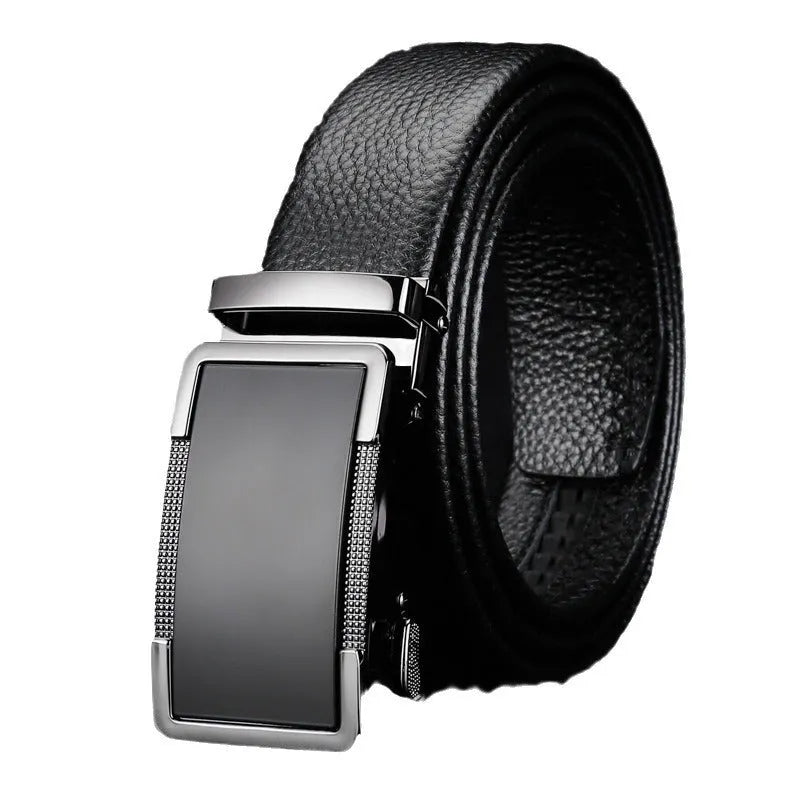 Men's leather belt with automatic buckle in gun black, silver, and gold colours
