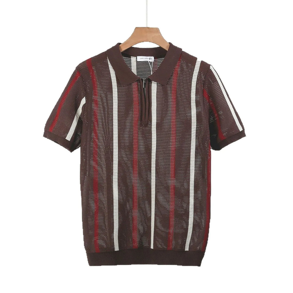 Men's black hollow mesh short-sleeved polo shirt with zipper decorations and loose knitting style