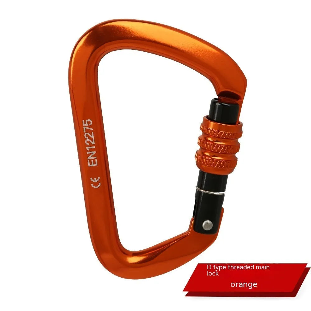 D-shaped climbing carabiner main lock in colours: black, blue, orange, red, silver red with automatic or threaded gate.