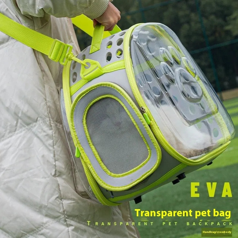 Transparent space capsule backpack for cats showing hard EVA construction and large carrier dimensions