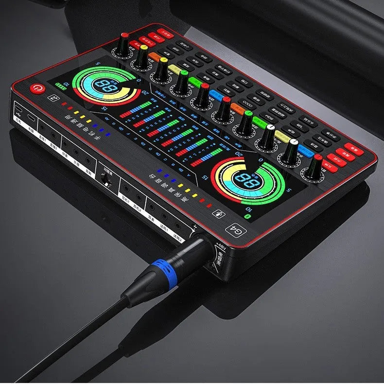 G4 professional live sound card set with LCD display, control knobs, remote, cables, and a dynamic microphone.