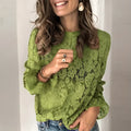 Women's loose-fit hollow lace shirt with round neck, long sleeves, and a zipper detail in a choice of colours.