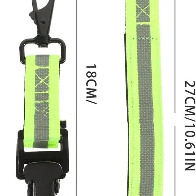 Fluorescent green safety glove clip with metal buckle and reflective nylon lining.
