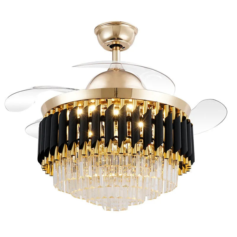 Crystal chandelier style ceiling fan light with LED bulbs and remote control in silver finish.