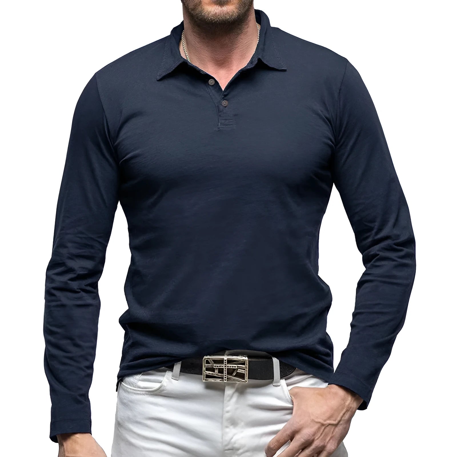 Men's dark grey long sleeve polo collar cotton t-shirt shown front on, American retro style.