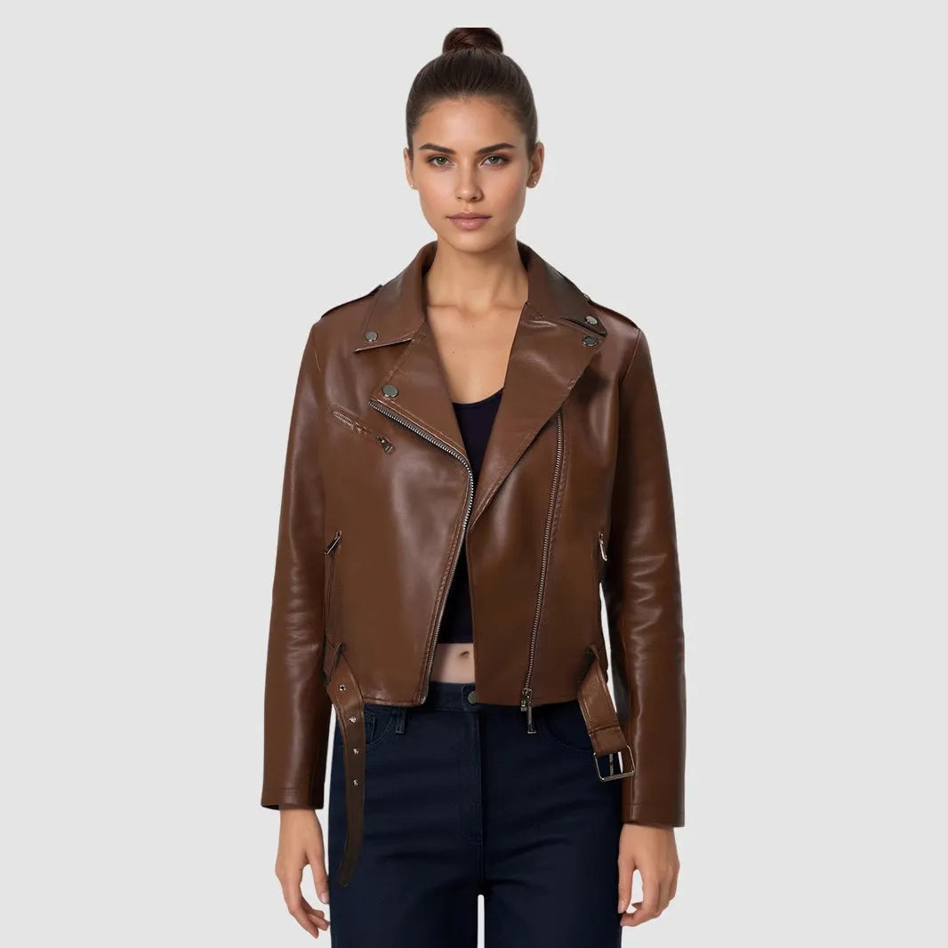 Women's black PU leather motorcycle-style jacket with lapel collar and waist belt