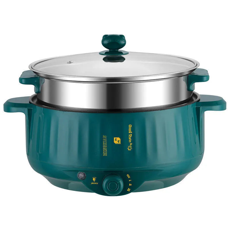 White and green electric cooking pot with integrated heating element and non-stick stainless steel surface