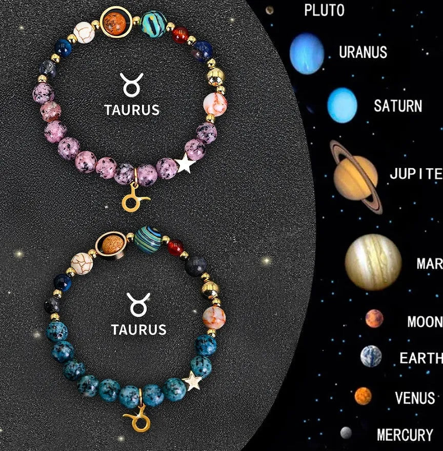 Natural stone zodiac beaded bracelet set showing twelve different sign designs with colourful crystal beads on adjustable cords