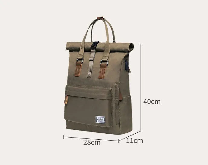 Polyester casual backpack with cover opening showing internal computer and zipper pockets