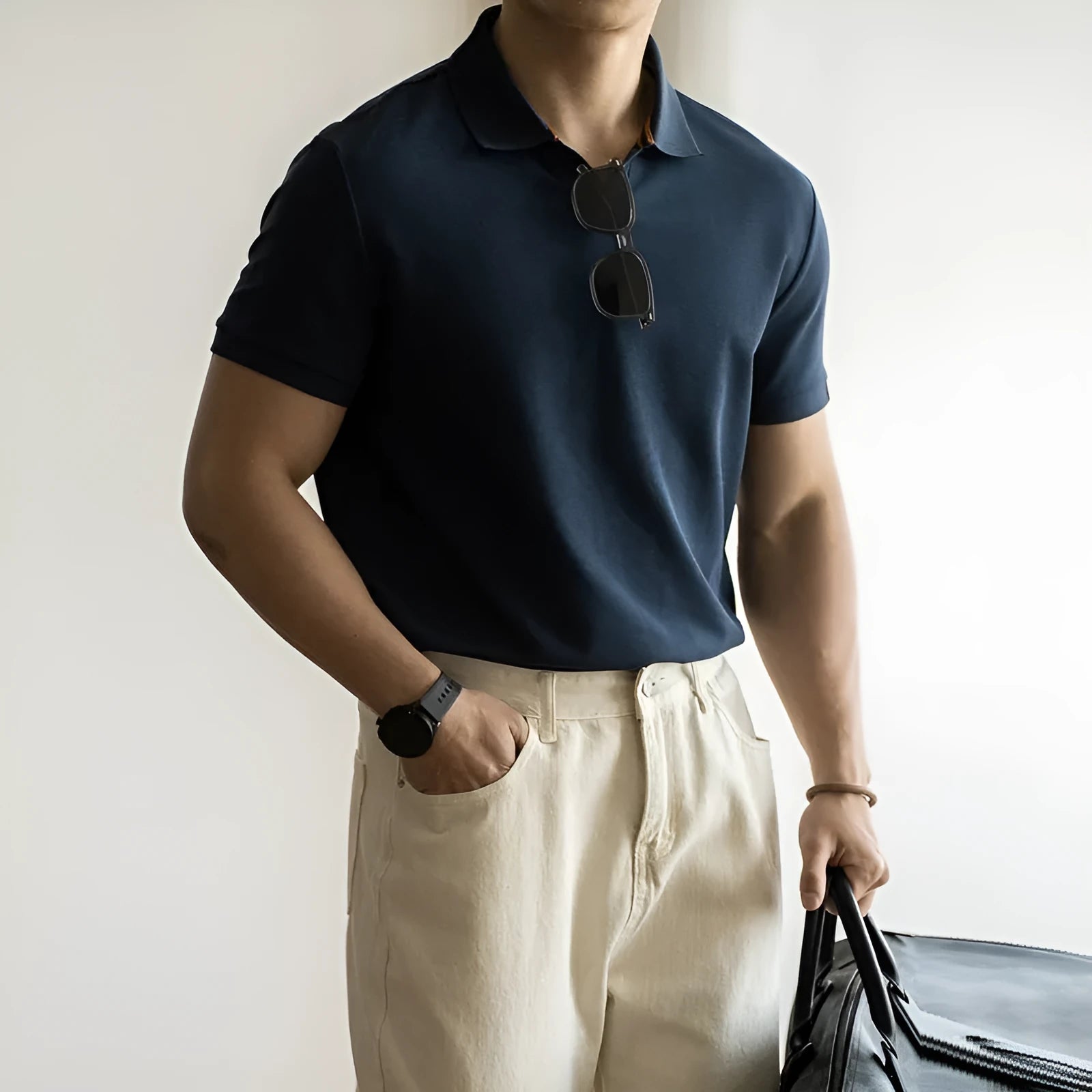 American-style cotton-polyester breathable short-sleeved polo shirt in blue colour showing regular fit and casual styling