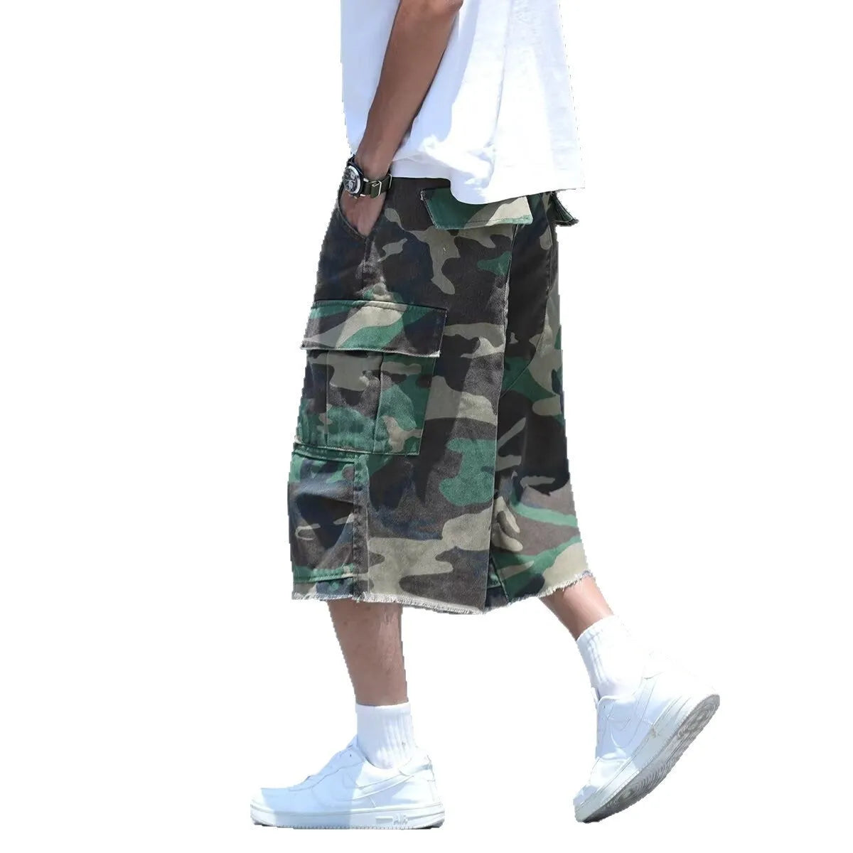 Men's loose-fit camouflage print shorts in retro workwear style on a white background.