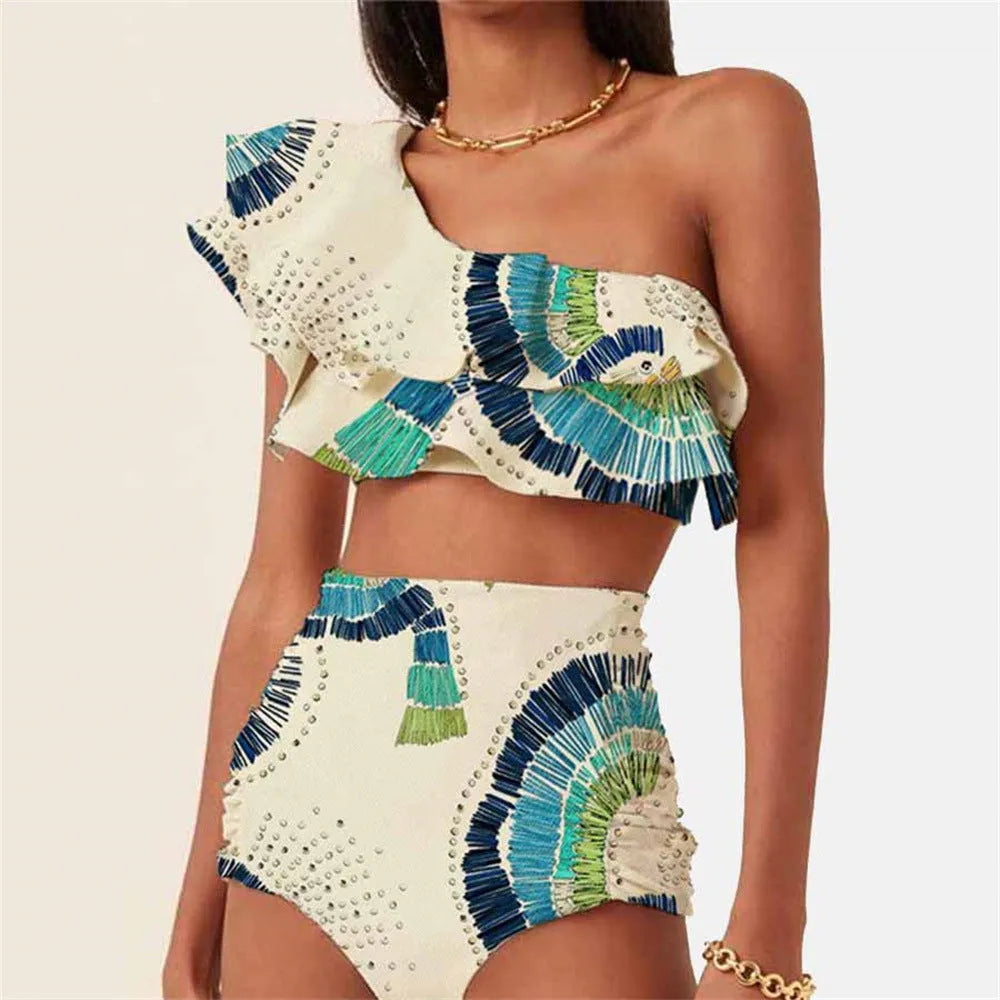 White women's one-shoulder swimsuit with double-layer construction and large lotus leaf detailing