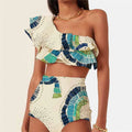 White women's one-shoulder swimsuit with double-layer construction and large lotus leaf detailing