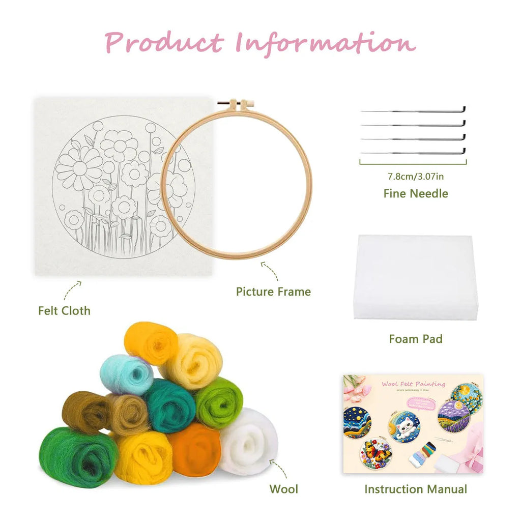 Round linen embroidery kit with wool felt materials for three-dimensional floral design