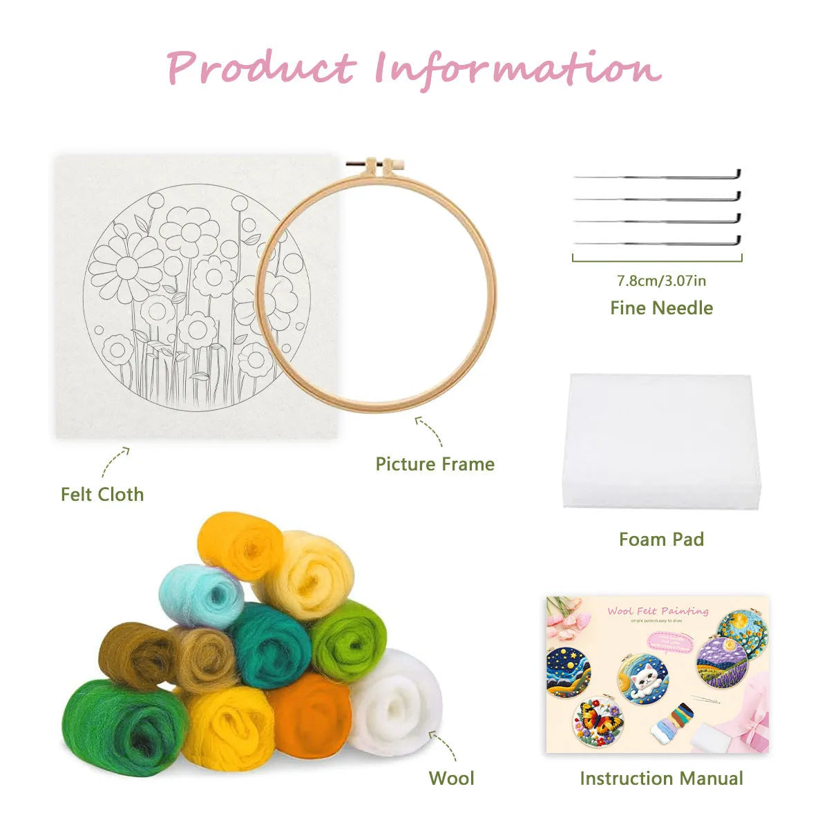 Round linen embroidery kit with wool felt materials for three-dimensional floral design