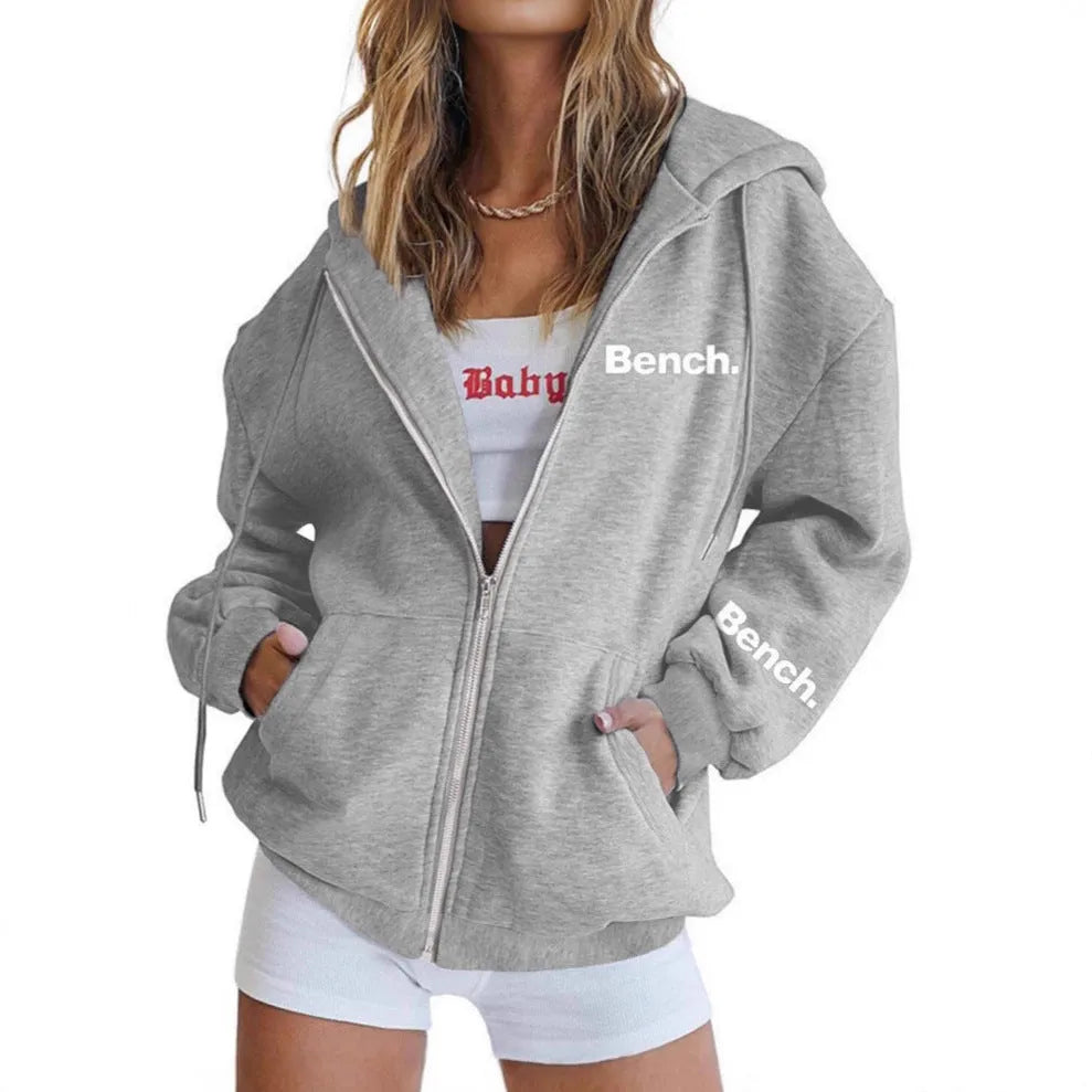 Black letter print polyester zipper sweater coat with hood, loose Japanese Korean casual style